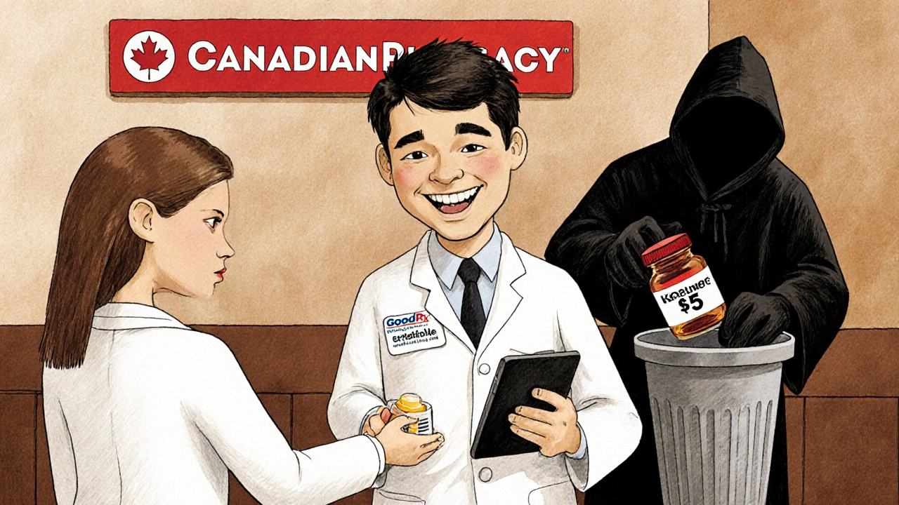 Real pharmacist handing safe meds to a customer, while a shadowy figure hides counterfeit pills.