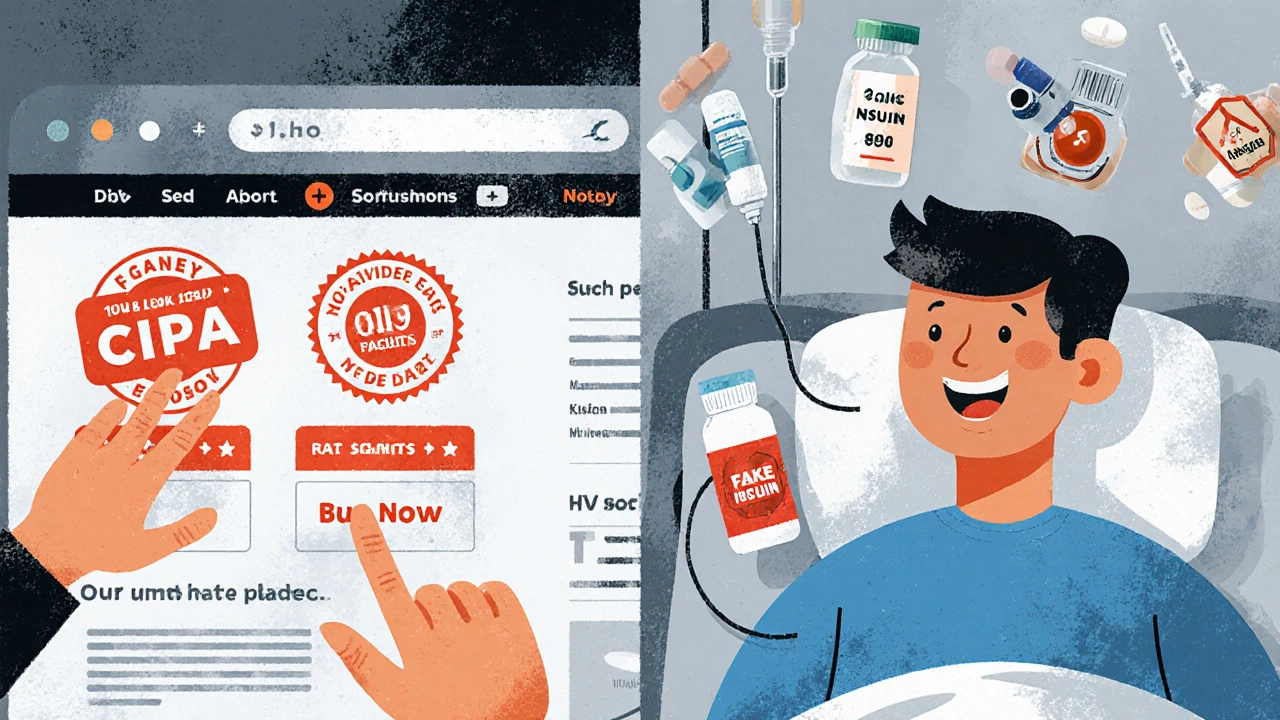 Split scene: online order happiness vs. hospital danger with fake medication labels floating nearby.