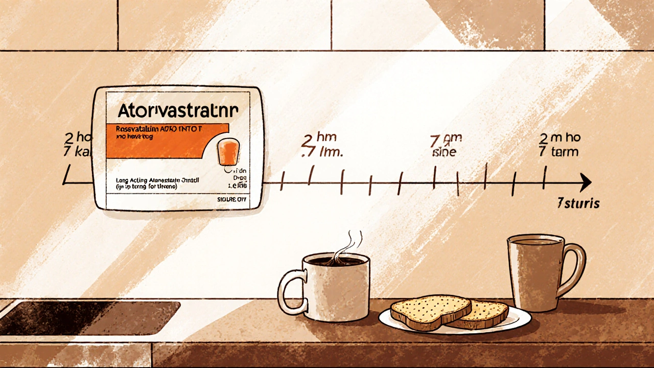 A morning breakfast scene with a statin pill beside coffee and toast, showing flexible dosing time.