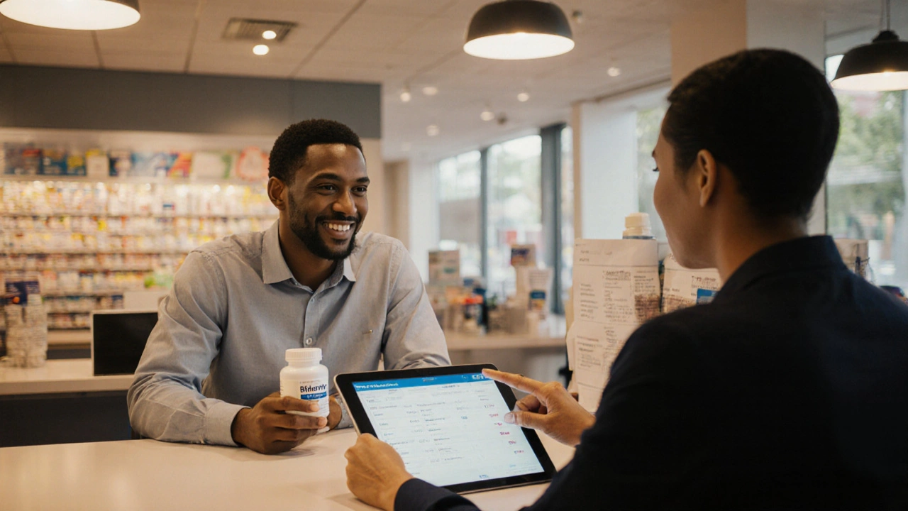 A patient discussing medication options with a pharmacist, holding a Biktarvy bottle.