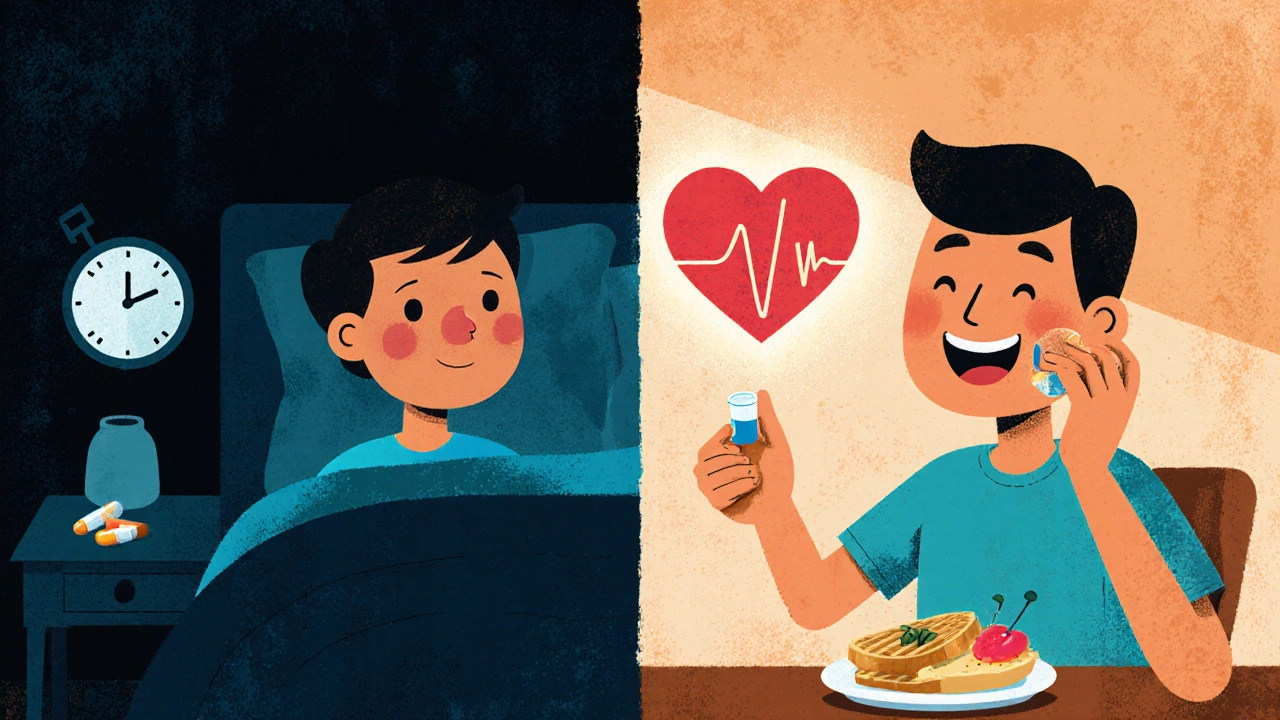 A split illustration of a person forgetting pills at night versus remembering them in the morning.