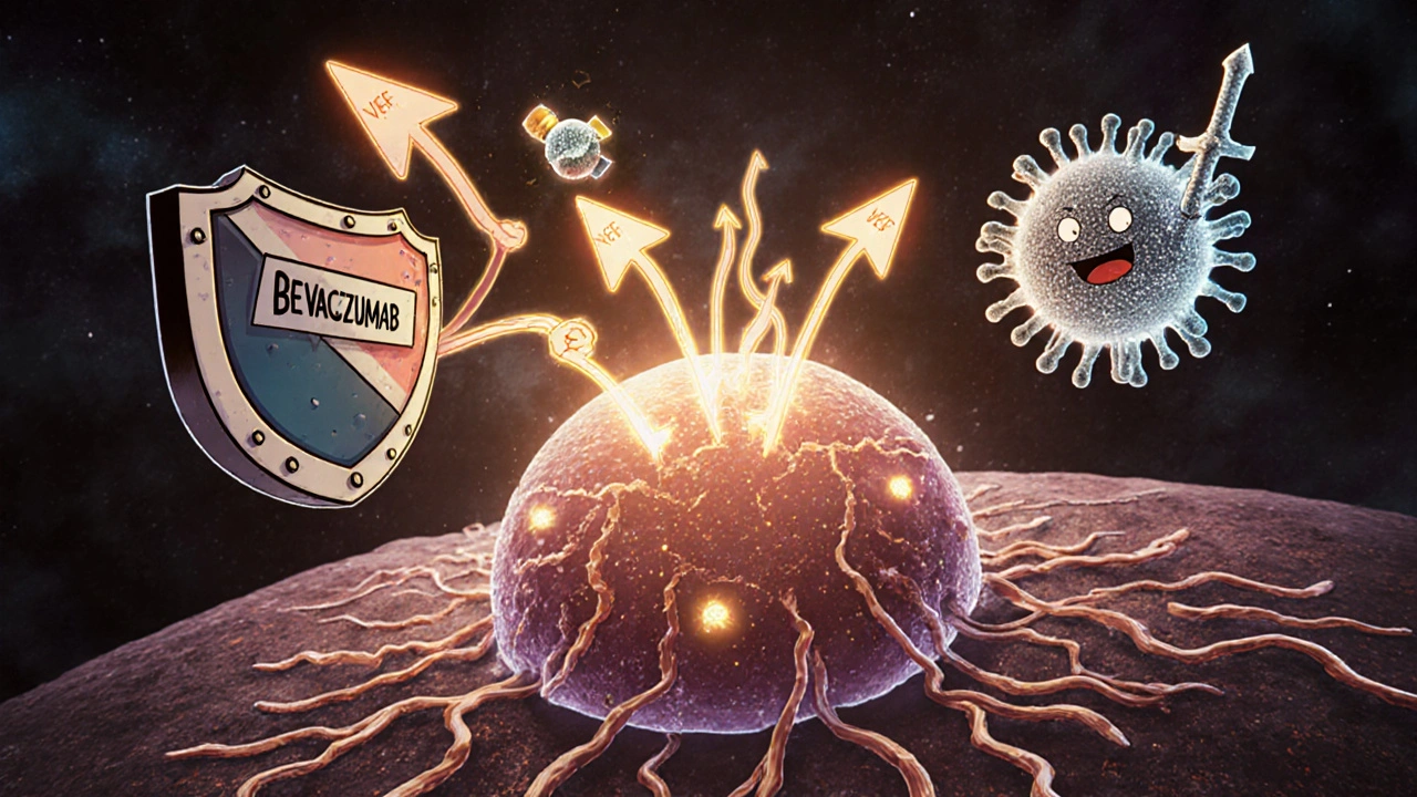 Antibody shield blocking VEGF, nanoparticles delivering drugs, immune cell ready.