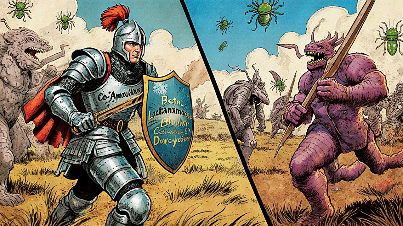 Battle scene illustrating Co-Amoxiclav fighting resistant bacteria while other antibiotics stand by for different infection types.