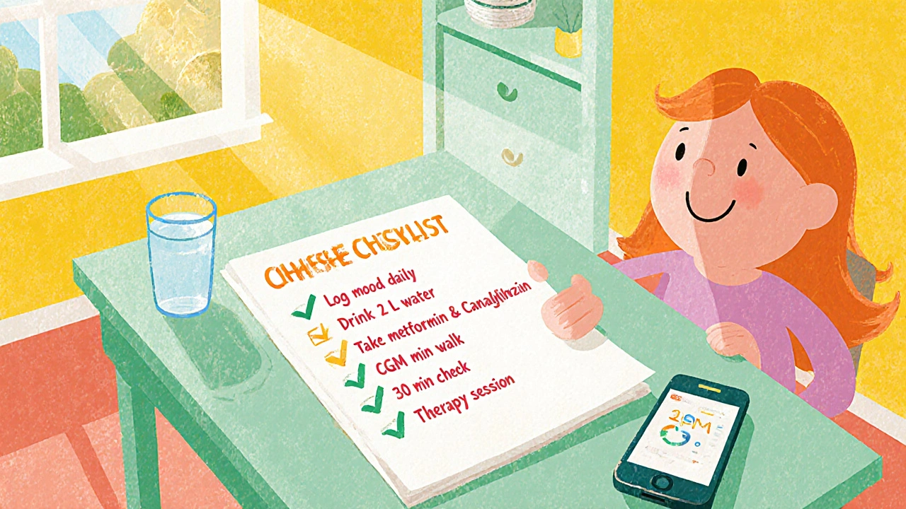 Checklist on kitchen table showing mood tracking, hydration, meds, exercise, and happy person.