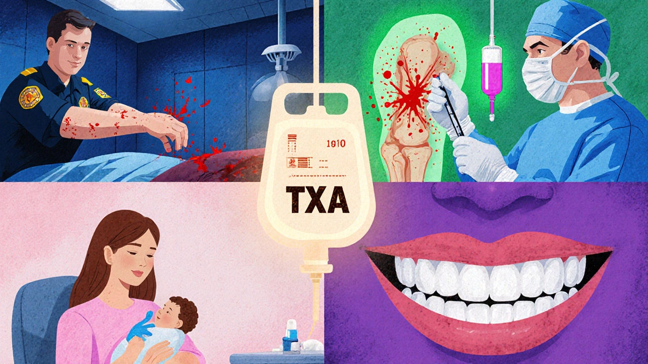 Collage of trauma, orthopedic, obstetric, and dental scenes with a central TXA IV bag.