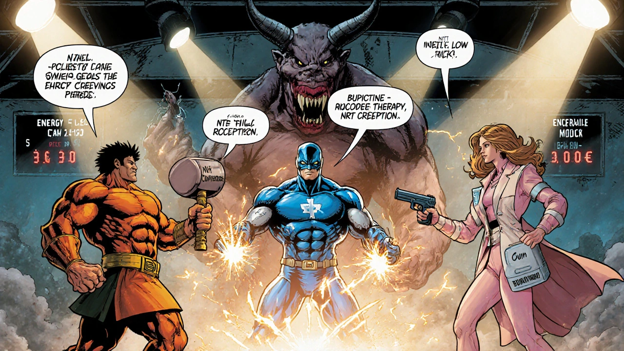 Comic showdown: Varenicline, NRT, and Bupropion battle a giant cigarette monster in a smoky arena.