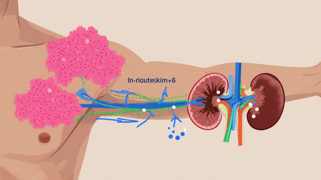 Cross‑section illustration of capillary leak, IL‑6 signaling, and kidneys retaining sodium.