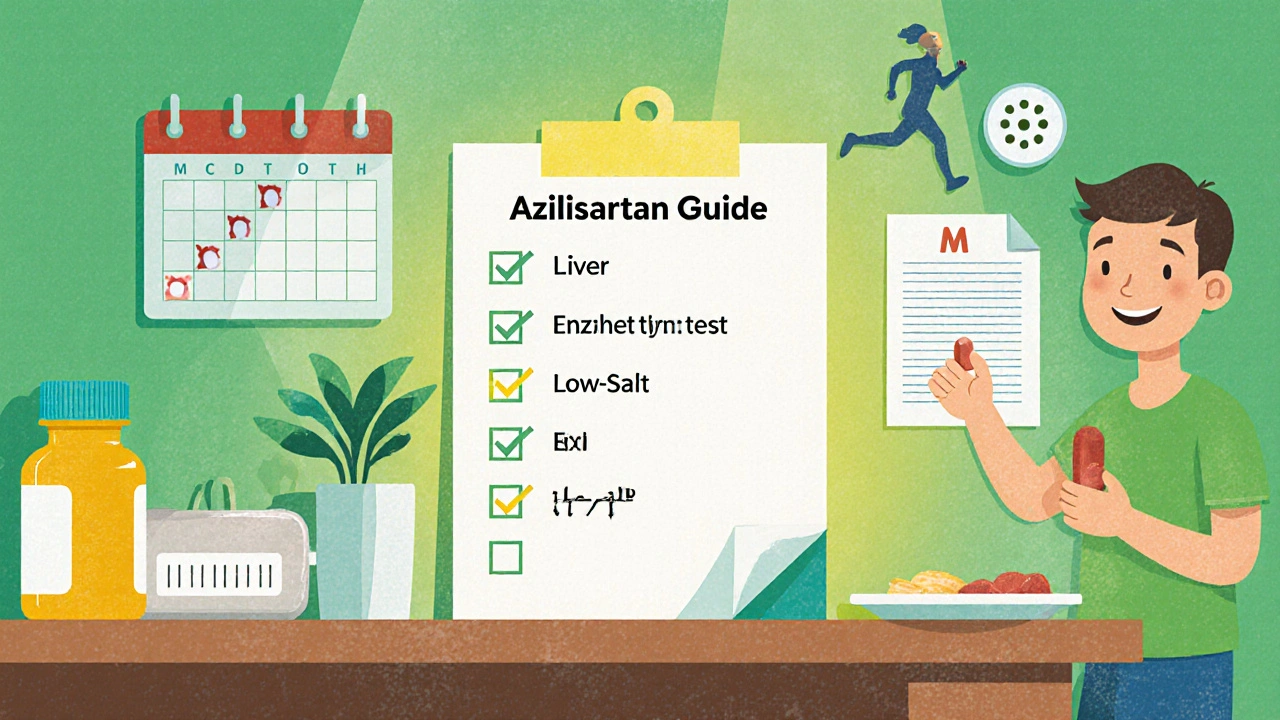 Doctor's checklist with pill bottle, lab dates, low‑salt diet, patient taking tablet.