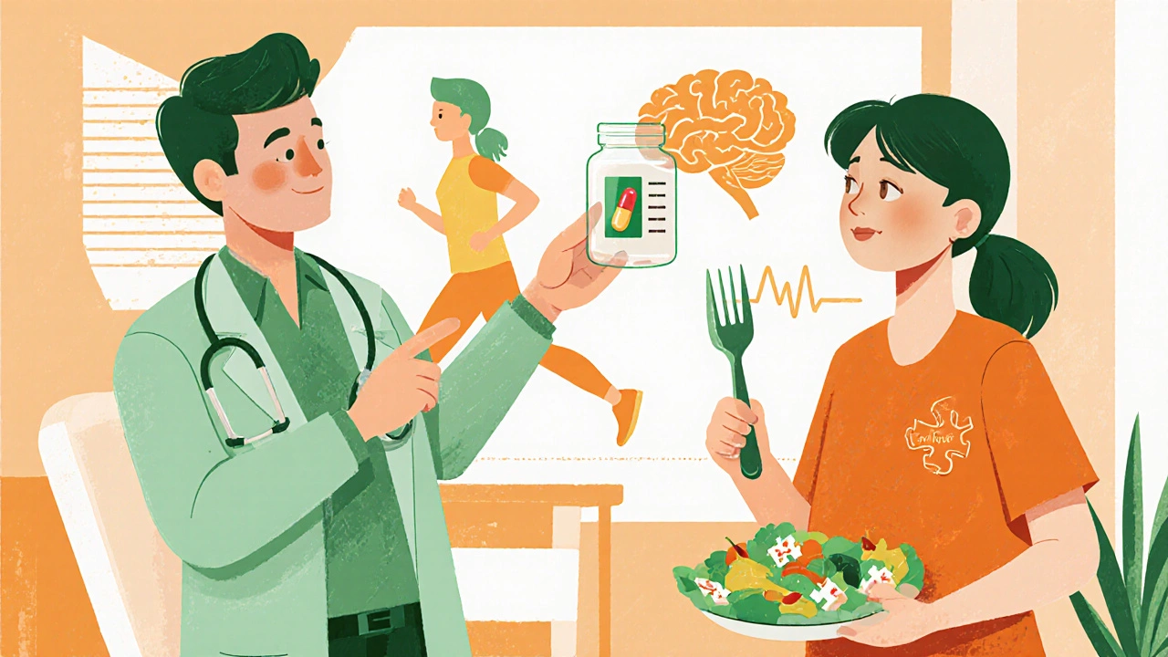 Doctor and patient discussing nebivolol with puzzle and healthy food symbols.