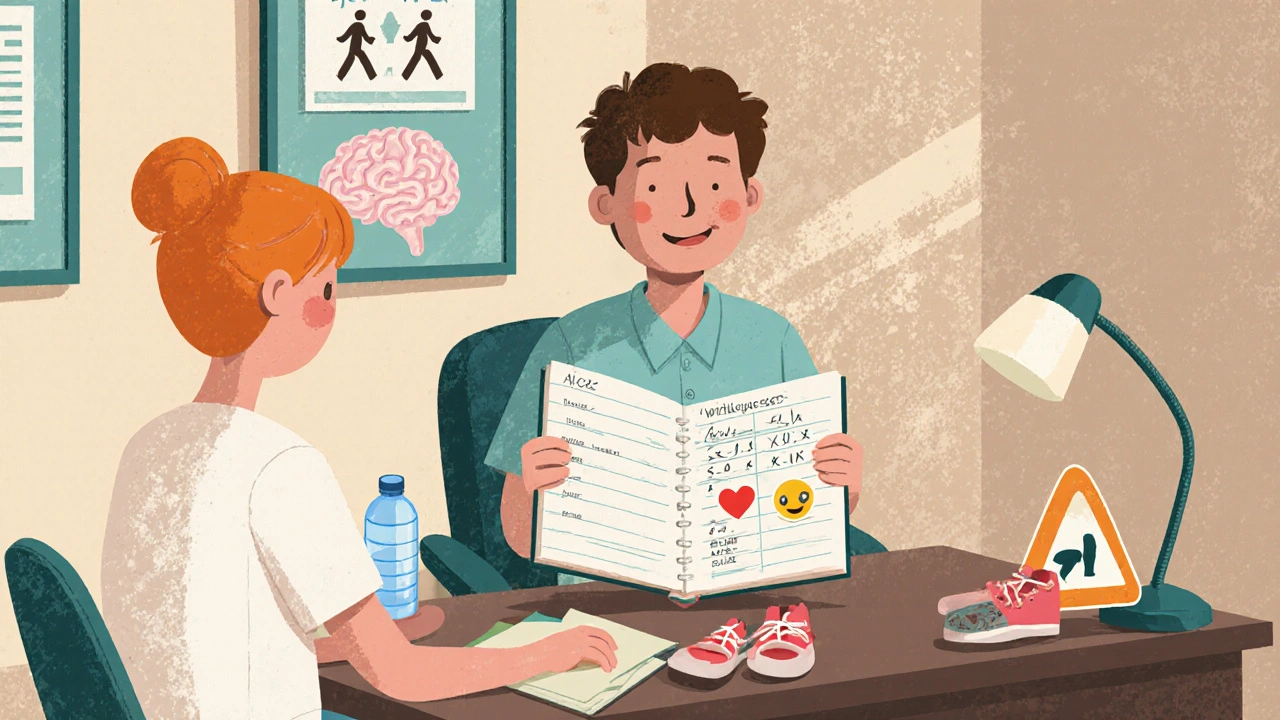 Doctor and patient reviewing mood and glucose logs with health icons on the desk.