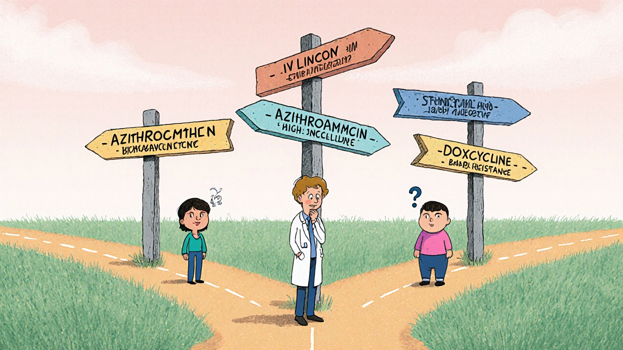 Doctor at crossroads with signposts to different antibiotic options and patient icons.