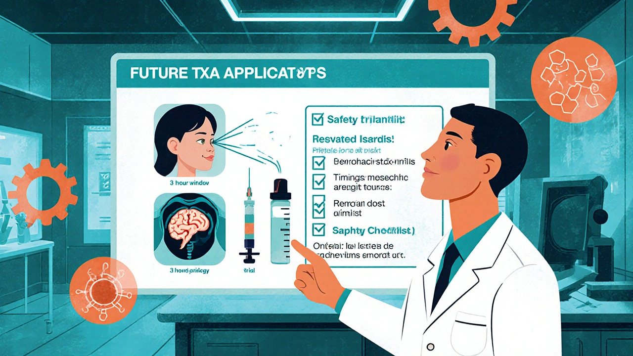 Doctor presenting future TXA uses: nasal spray, stroke trial, and oncology, with safety checklist.