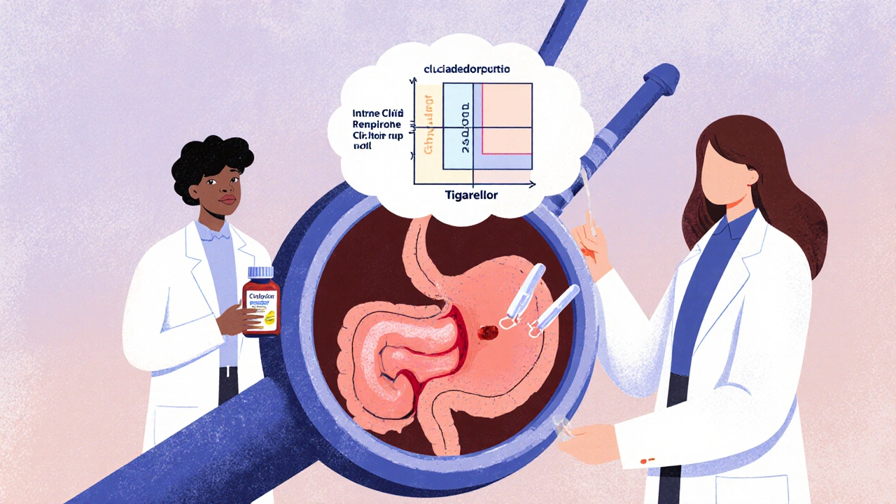 Doctor with PPI, gastroenterologist using endoscope to clip a stomach ulcer, swapping meds.