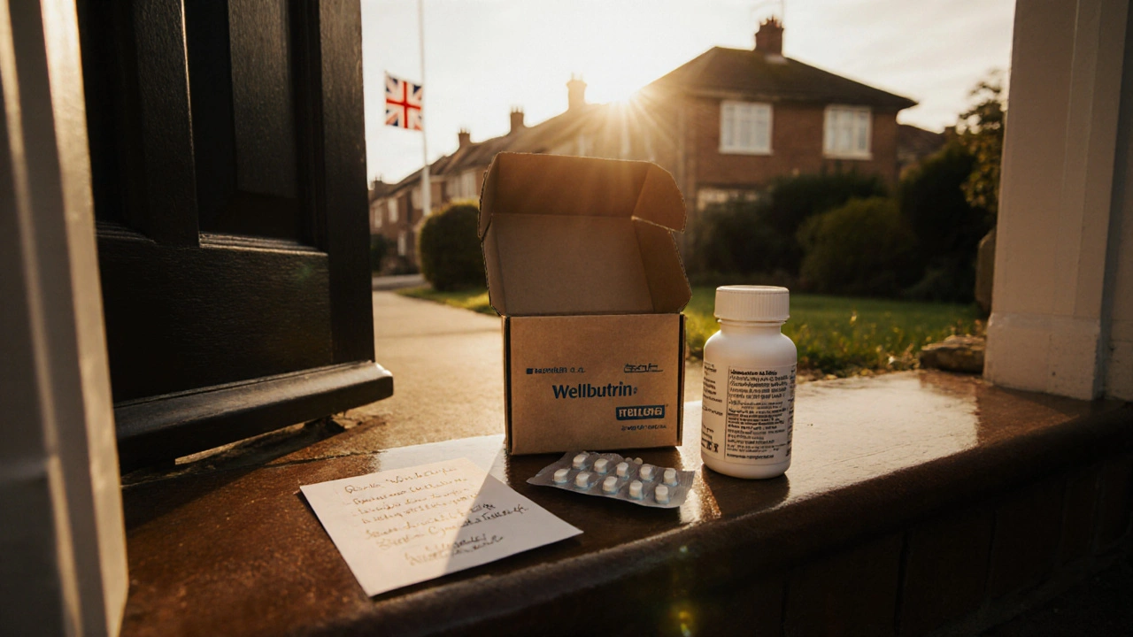 Doorstep with opened delivery box revealing sealed Wellbutrin medication parcel in morning light.
