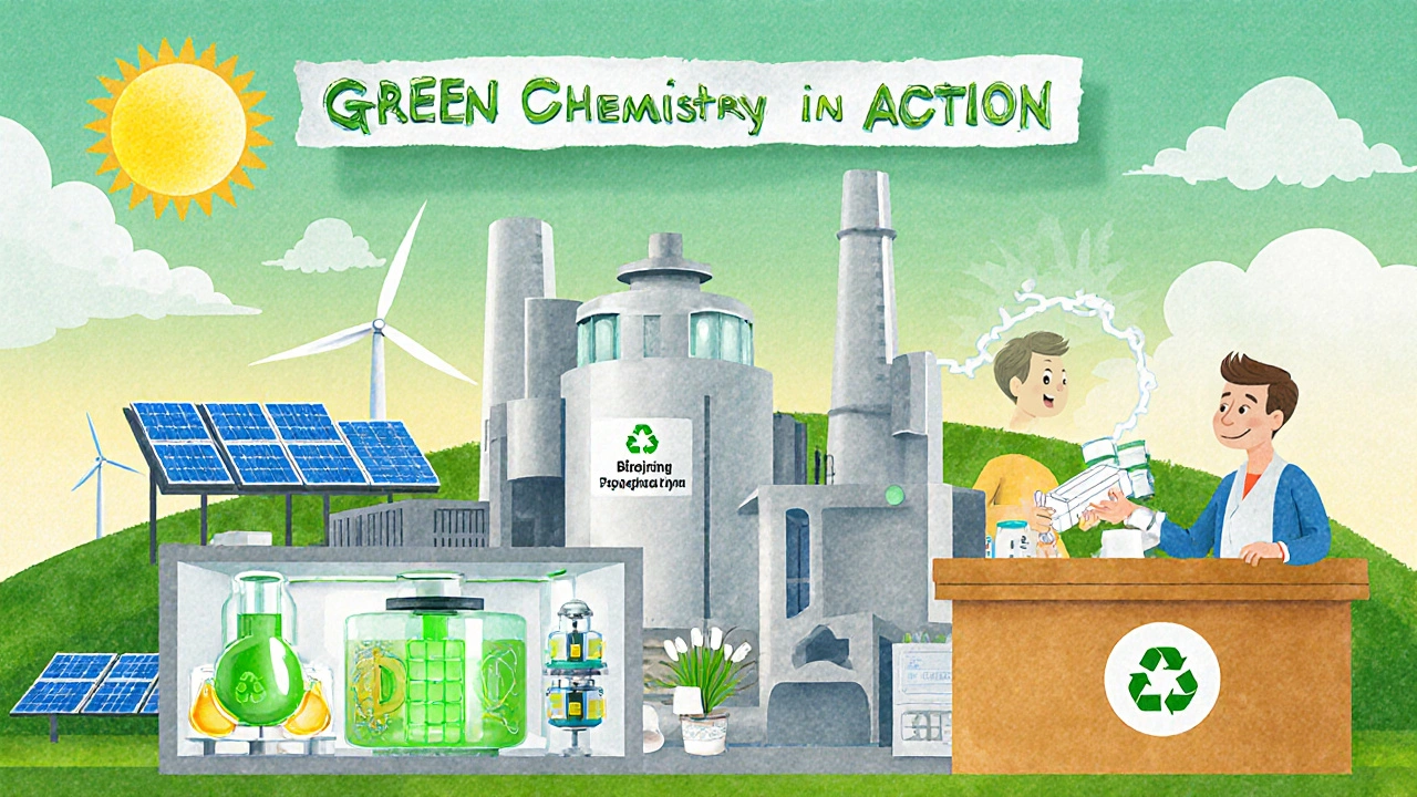 Eco‑friendly factory, biocatalytic reactor, and pharmacy take‑back box illustrating greener production.