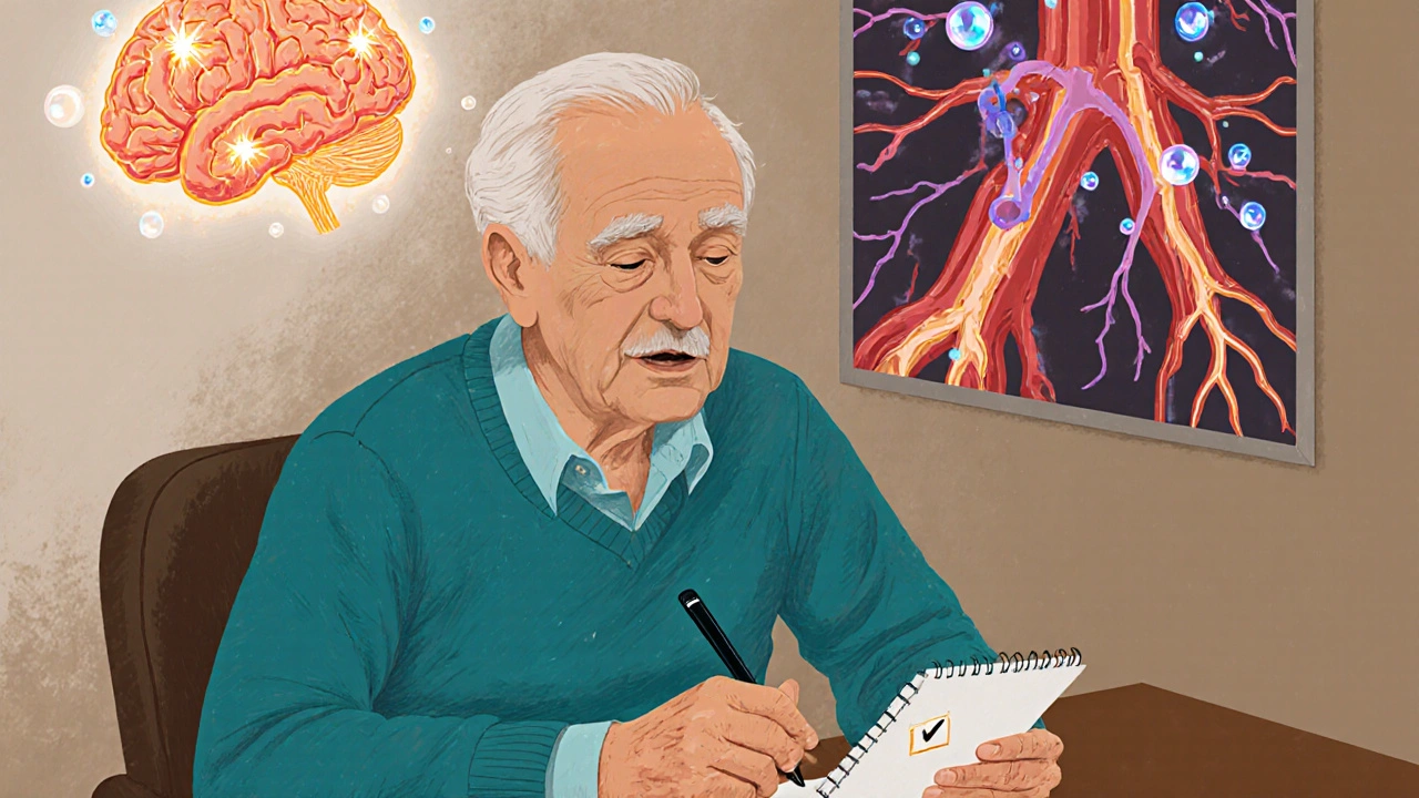 Elderly man with glowing brain vessels indicating improved blood flow.