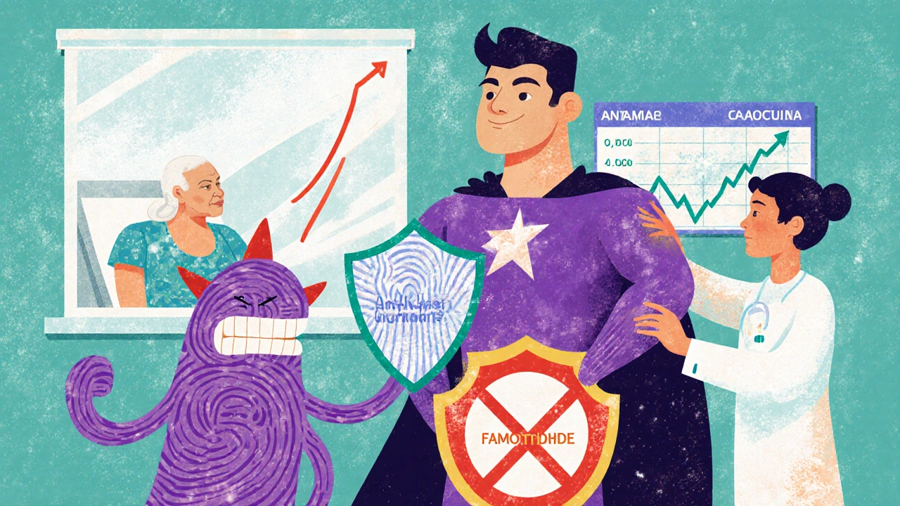 Famotidine superhero blocking antacid monster to protect patient.