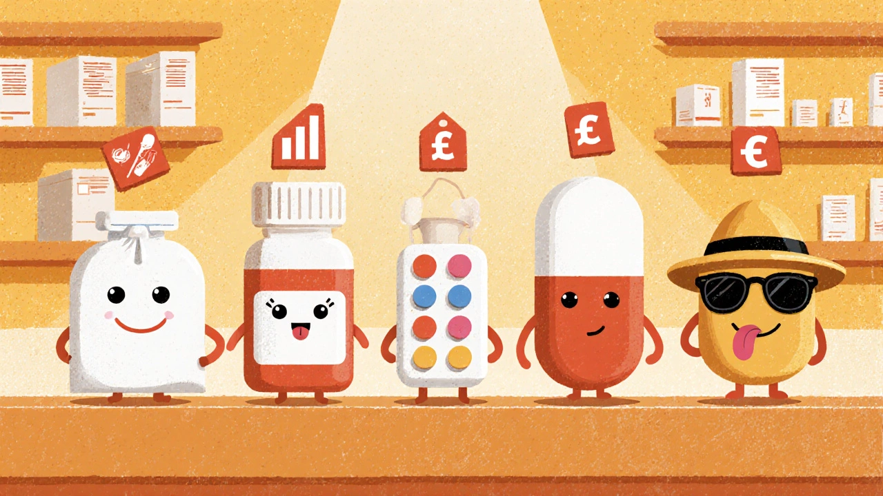 Five cartoon antibiotics comparing forms, bioavailability, cost, and side effects on a pharmacy counter.