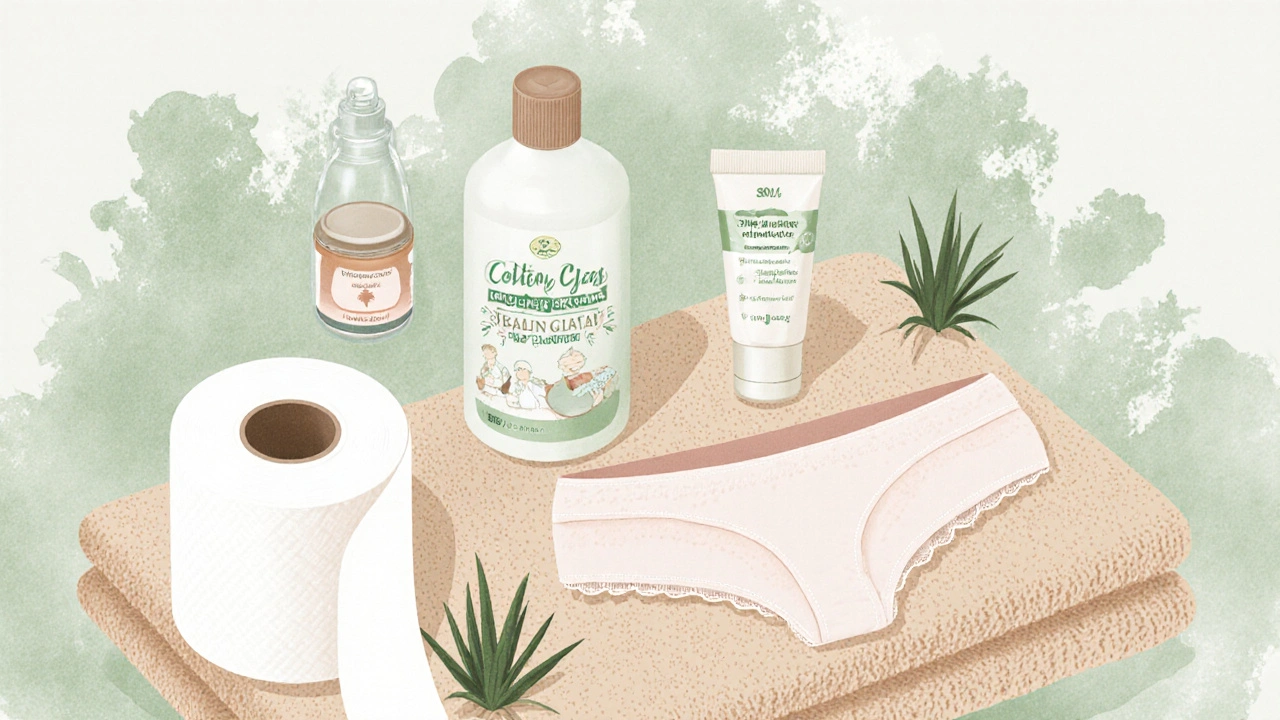 Flat‑lay of unscented toilet paper, pH‑balanced cleanser, barrier cream, zinc‑oxide ointment, and cotton briefs.