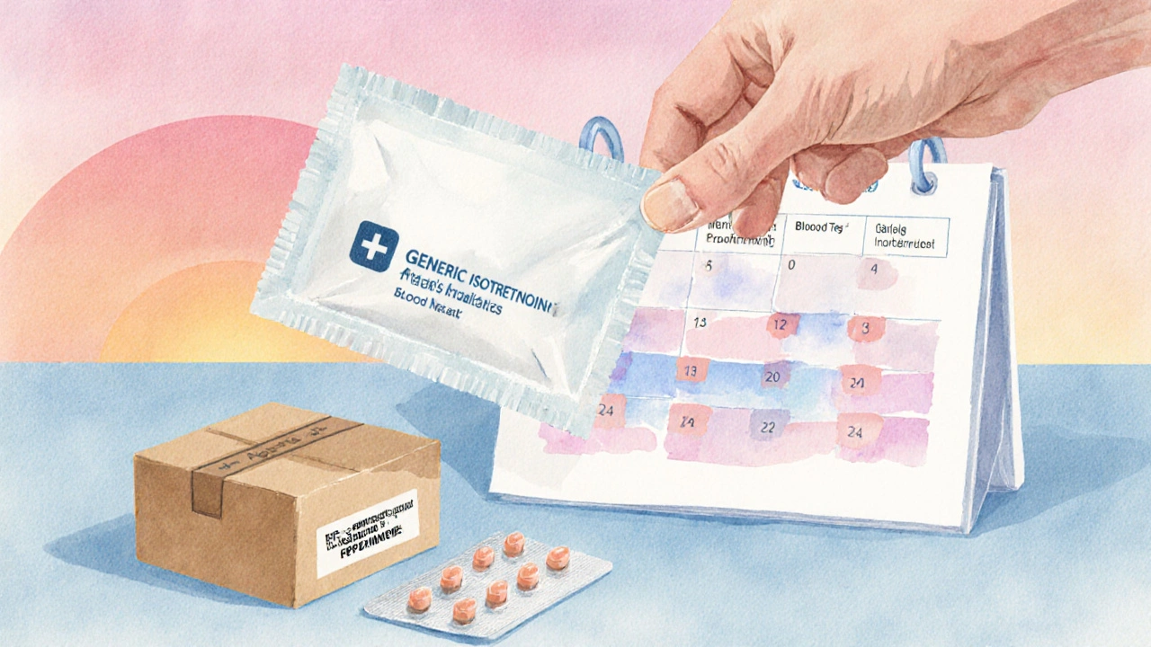 Hand receiving sealed medication envelope beside a box and calendar of appointments.