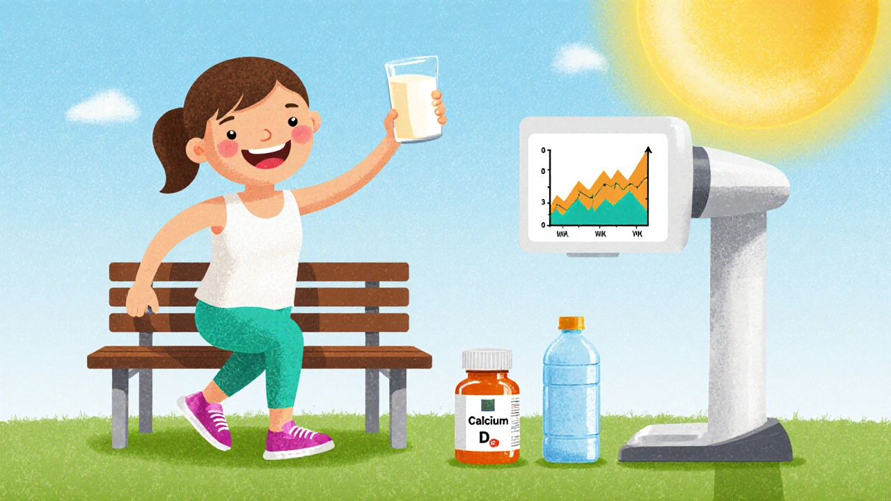 Happy person exercising, drinking milk, taking vitamin D, with DXA scan and calcium supplement.