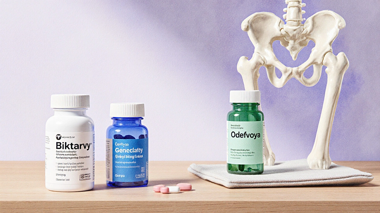 HIV medication bottles beside a kidney model and a bone, illustrating safety differences.