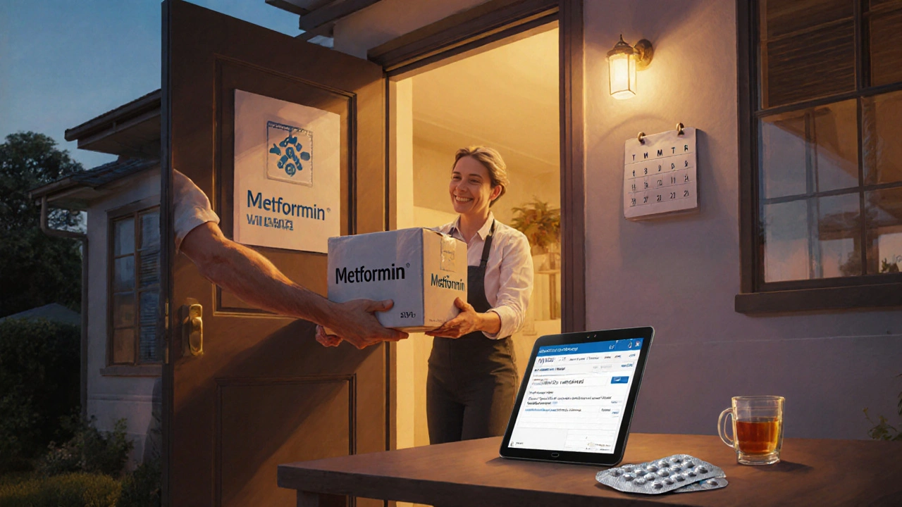 Homeowner receives a sealed Metformin delivery box at the front door.