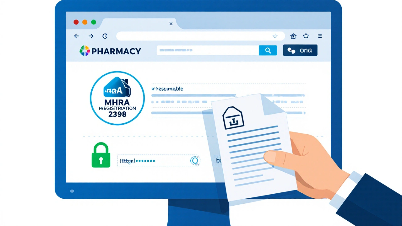 Illustration of website footer showing MHRA number, padlock, and a hand uploading a prescription.