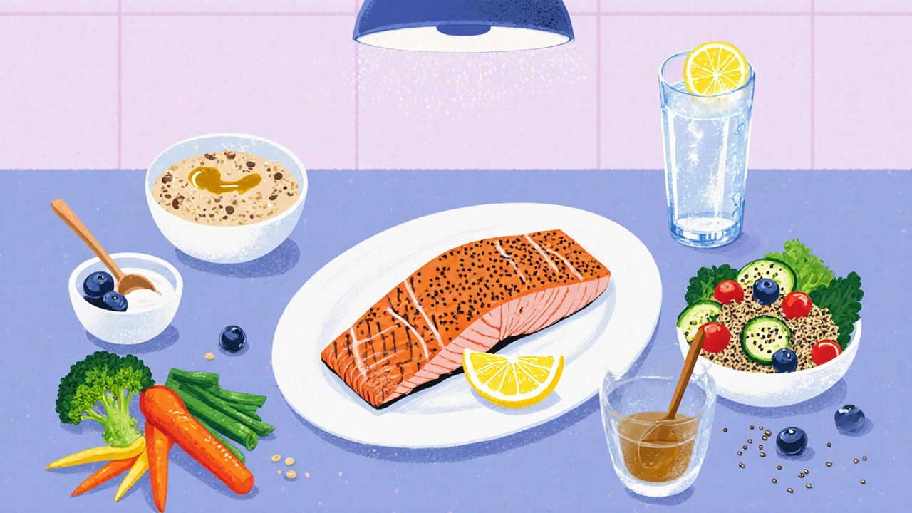 Kitchen table showing salmon, quinoa salad, oatmeal, kefir, and fresh vegetables.
