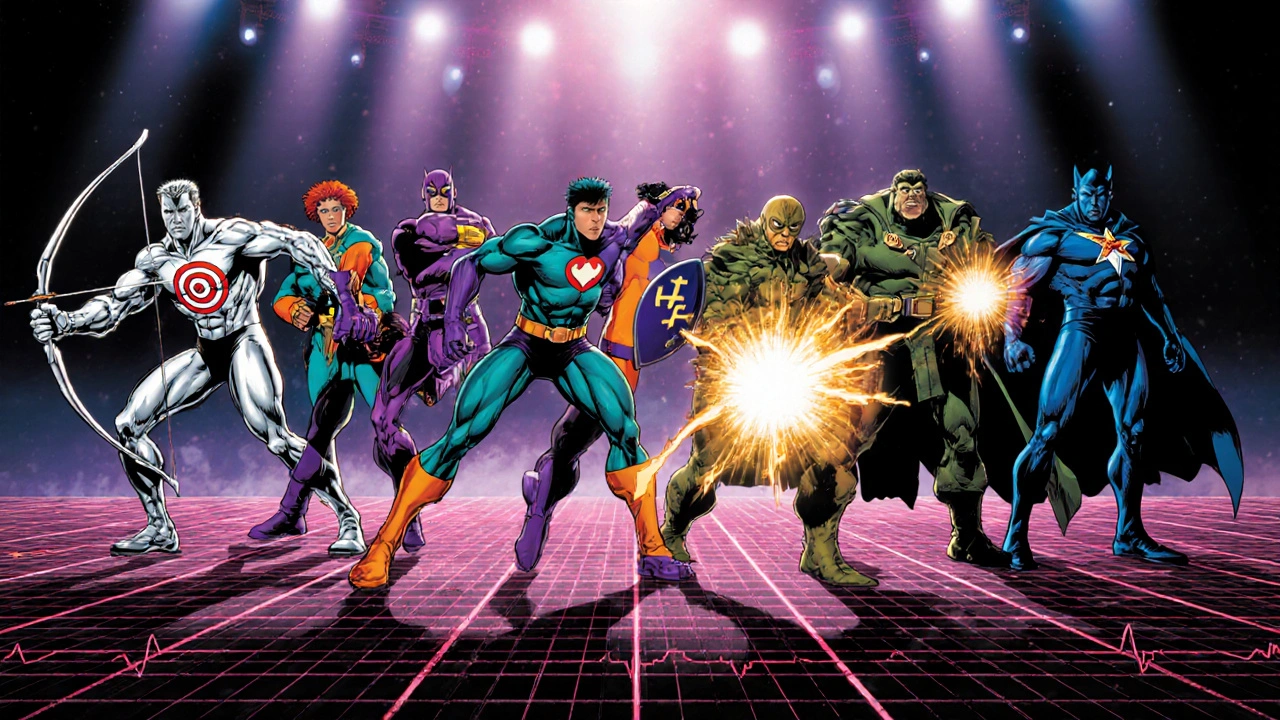 Lineup of beta‑blocker superhero characters each displaying unique powers.