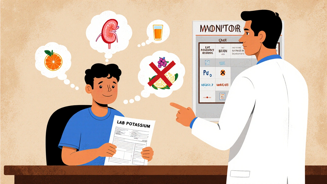 Patient in doctor's office with thought bubbles showing medication warnings and lab results.