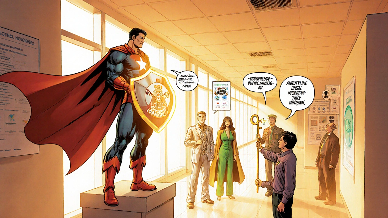 Patient reaches for a glowing shield held by Bupropion hero, with other medication characters nearby.