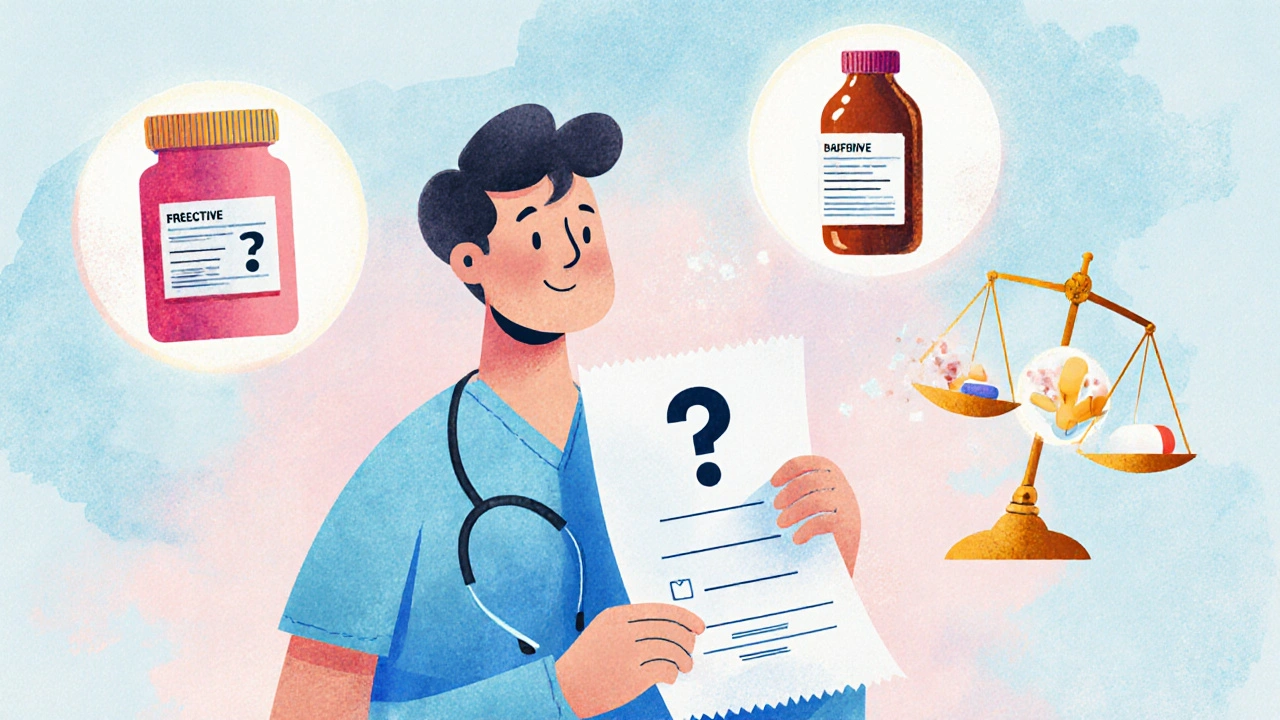 Patient surrounded by floating antibiotic icons, each labeled with its best use, in a calm scene balancing effectiveness and safety.