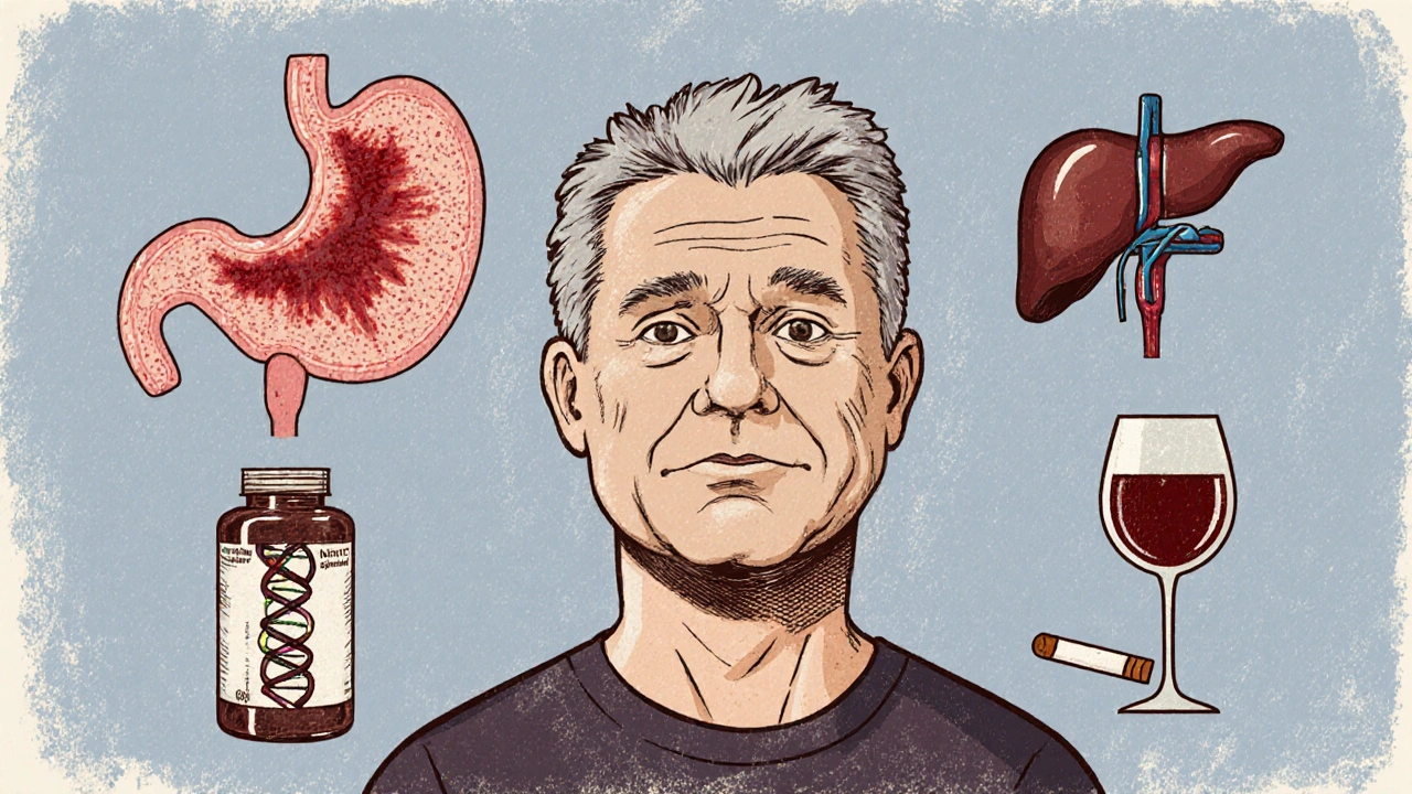Patient surrounded by icons of ulcer, NSAIDs, kidney disease, genetics, alcohol and smoking.
