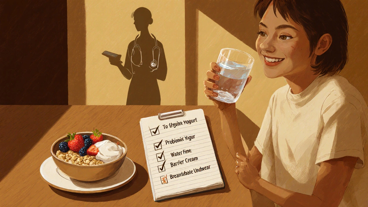 Person eating oatmeal and probiotic yogurt near a checklist, with a doctor silhouette in background.