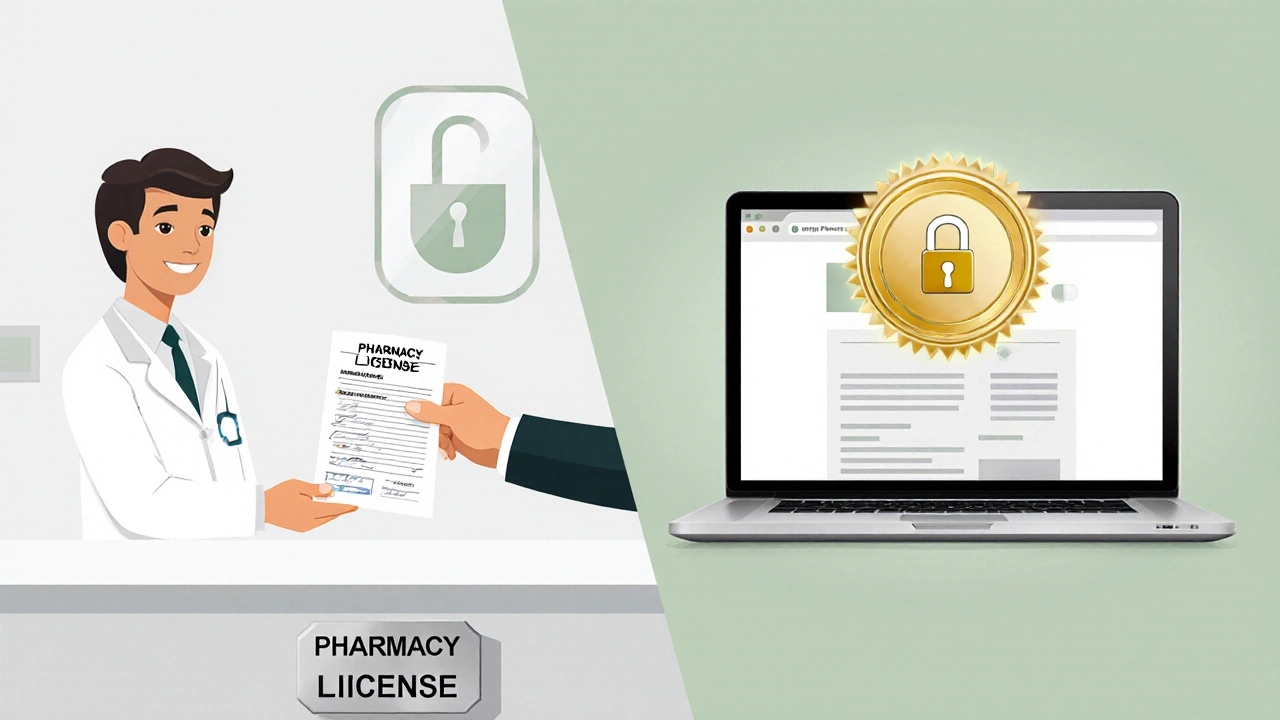 Pharmacist handing a prescription while a site shows lock and certification badge.