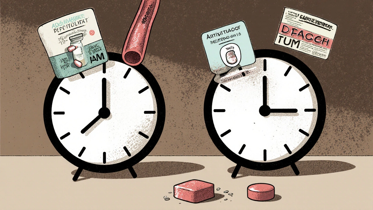 Pharmacy counter with two clocks showing safe 4-hour gap between meds.