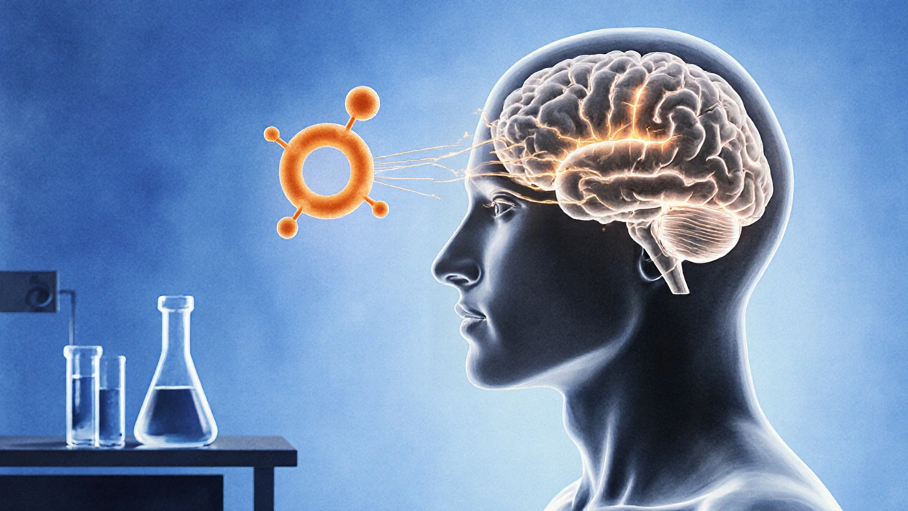 Semi‑transparent brain with glowing serotonin receptors and a floating orange Buspirone molecule linking to them.