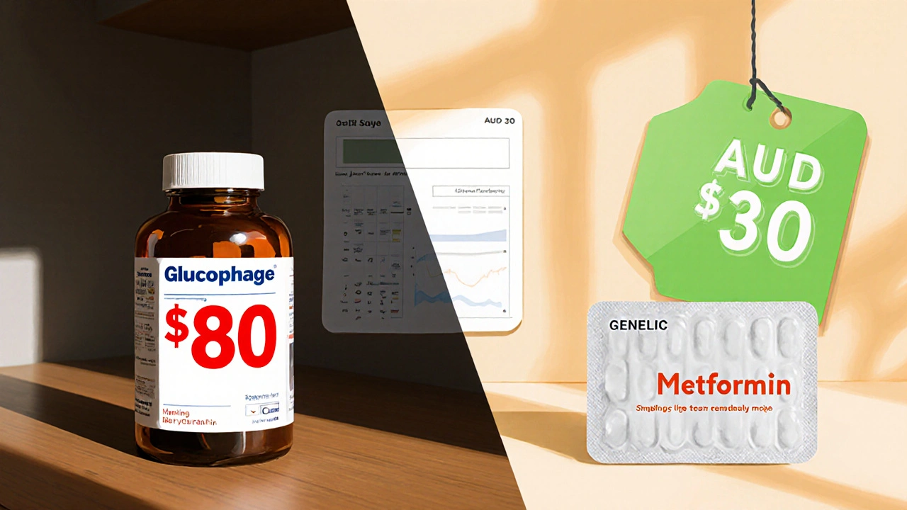 Side‑by‑side view of brand Glucophage bottle and generic Metformin pack with price tags.