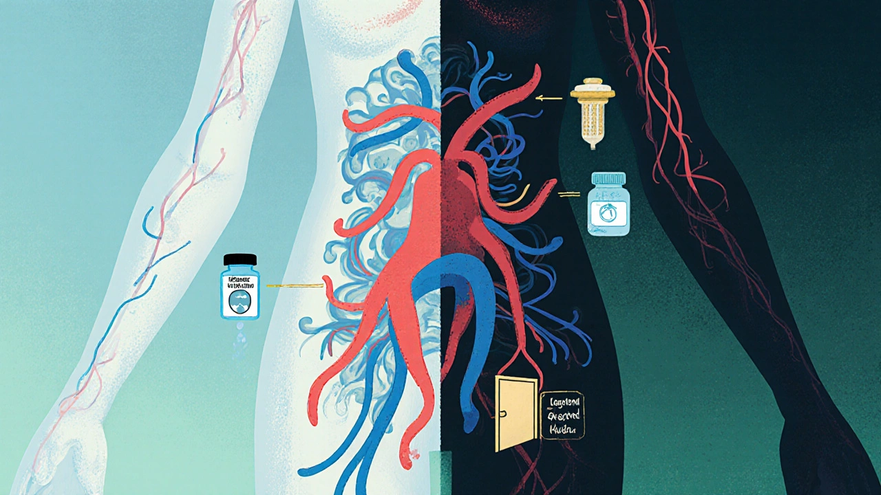 Split-body illustration showing healthy vs. constricted blood vessels with kidney and salt icons.
