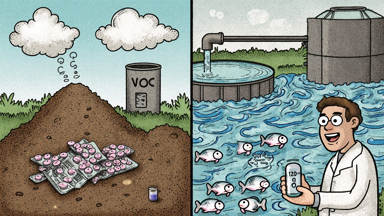 Two panels showing landfill leaching tablets and wastewater plant releasing dabigatran, with distressed fish.