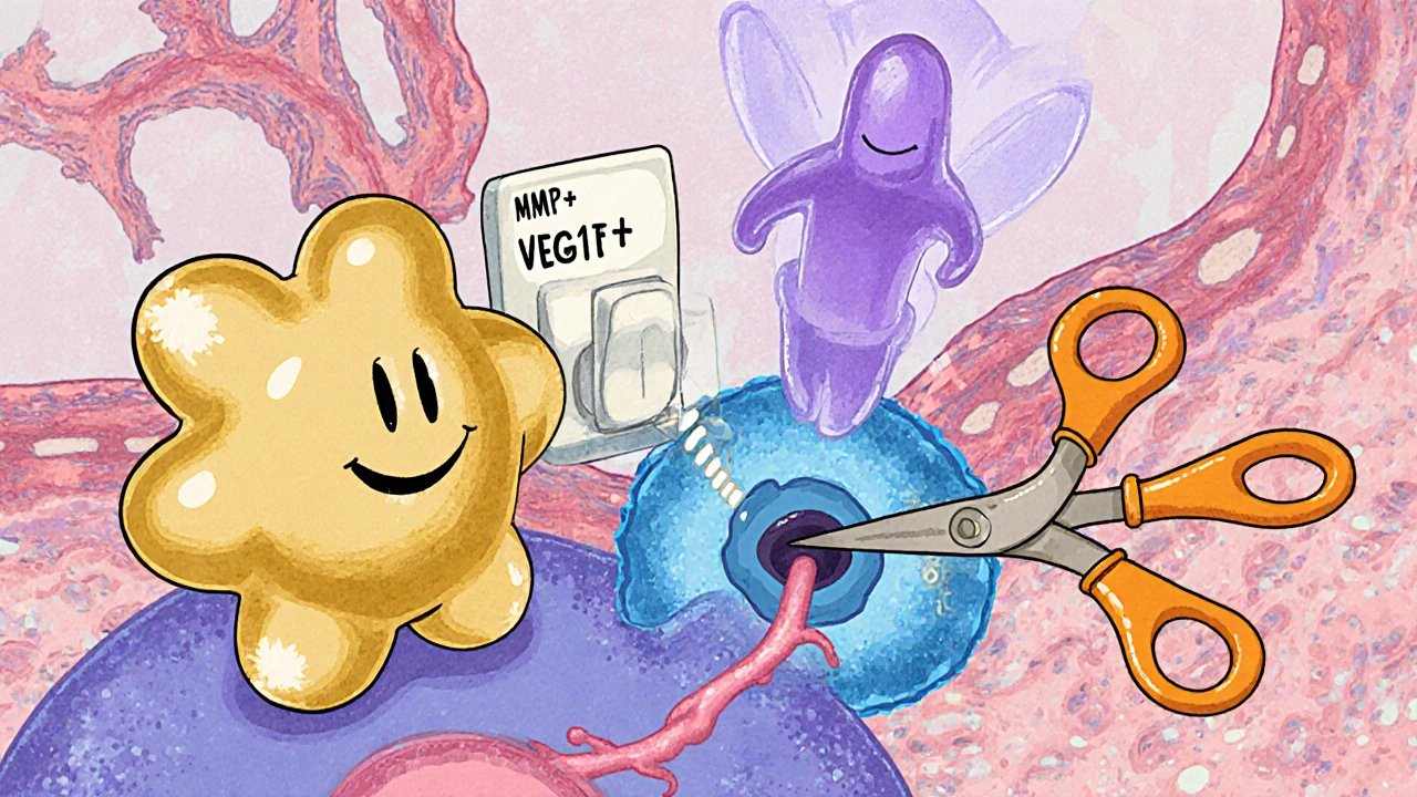 VEGF key, HIF‑1α activating nucleus, and MMP scissors cutting matrix.