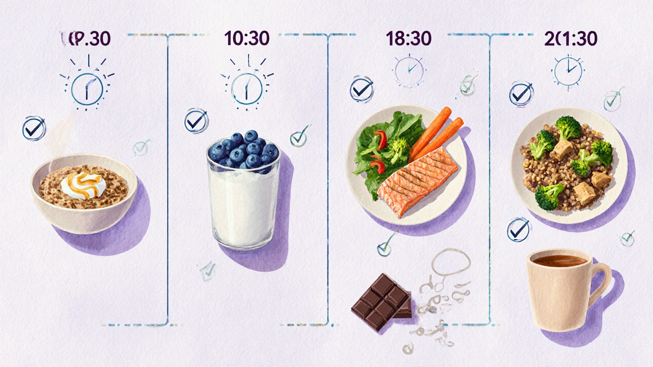 Vertical timeline of meals for a velpatasvir patient with illustrated dishes and checkmarks.