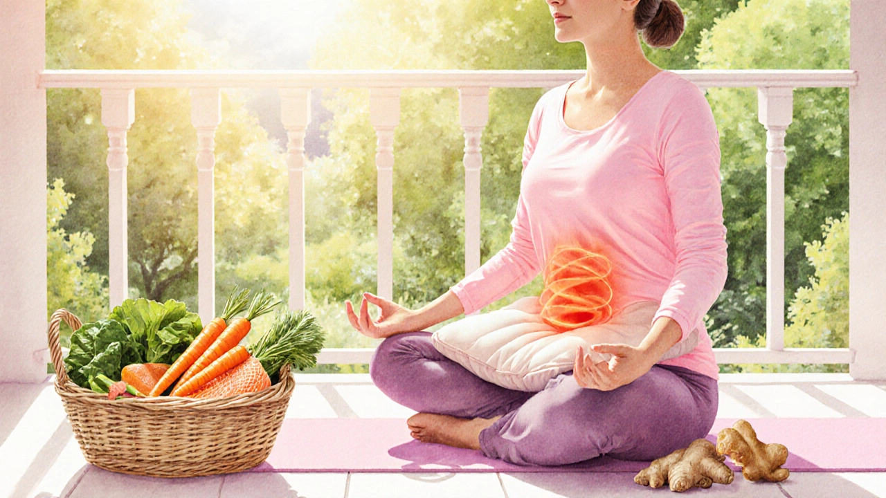 Woman doing yoga on balcony with heating pad and basket of anti‑inflammatory foods.