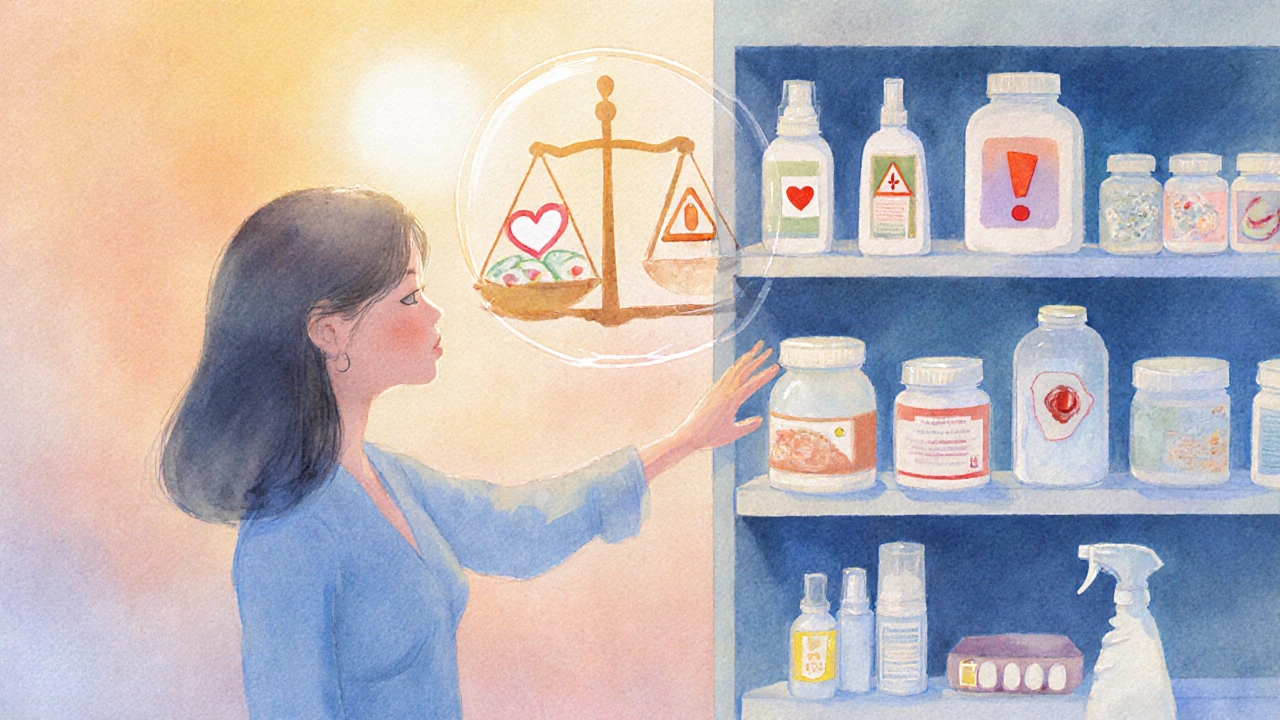 Woman in a pharmacy aisle weighing hormone therapy options on a subtle scale.