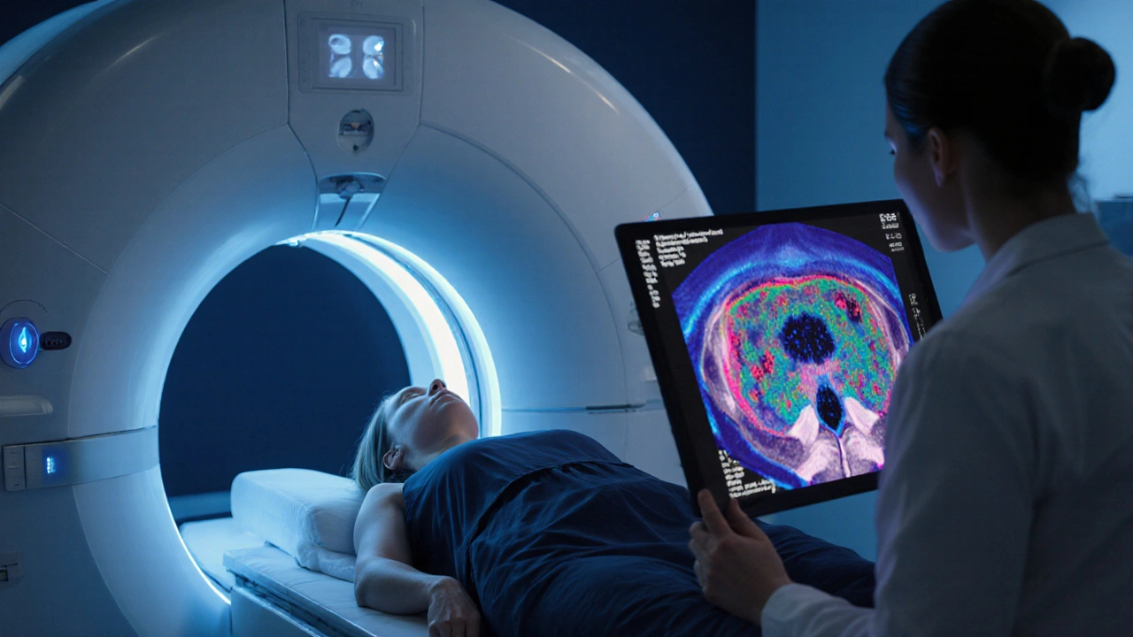 Woman in MRI scanner with doctor reviewing colorful scan showing bowel lesions and ovarian cysts.