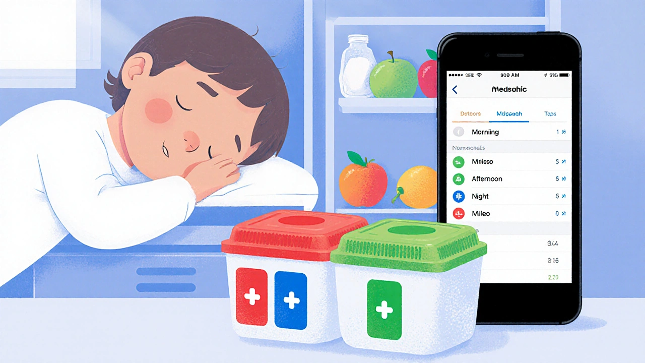 A color-coded pill organizer on a fridge beside a phone with a medication app, child sleeping nearby.