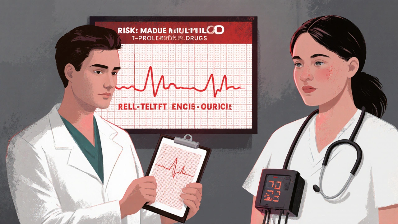 A doctor reviews an ECG with a dangerously long QT interval while a patient wears a Holter monitor.