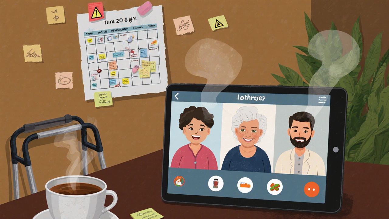 A family video call on a tablet with a medication calendar visible, a printed copy on the wall, and a cup of tea on the table.