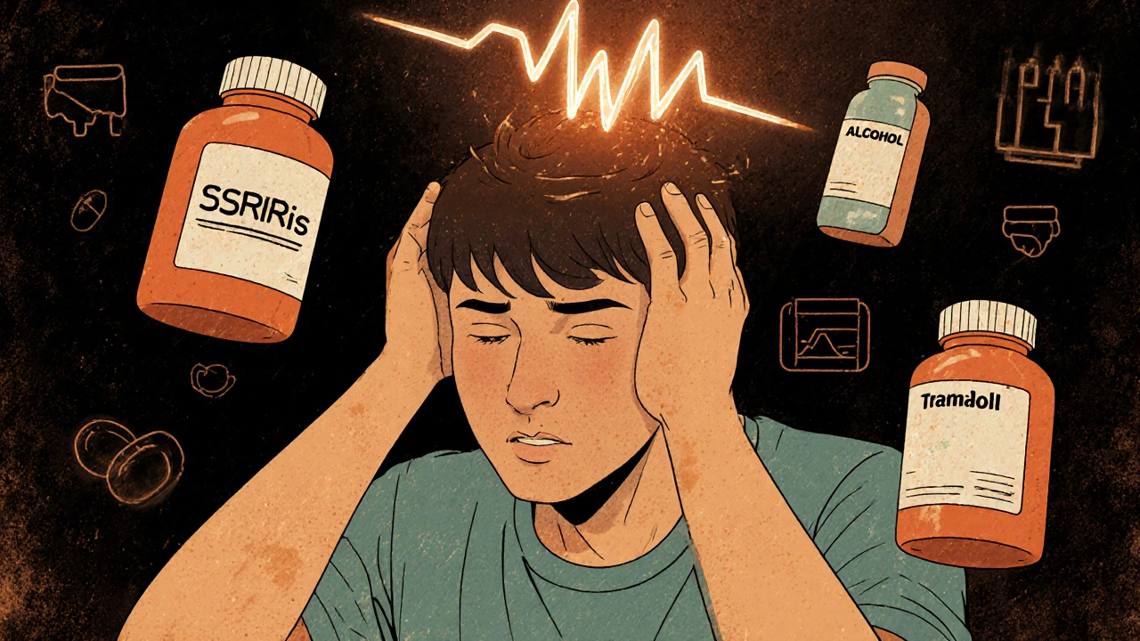 A man experiencing a seizure triggered by tramadol and other medications floating around him.